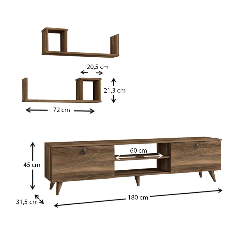 TV Stand HULIO in walnut finish with two shelves and five legs, showcasing a modern design.