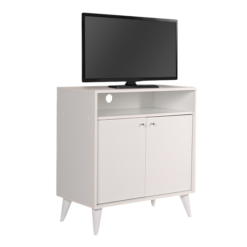 KRAMER White TV Stand with two shelves and cable compartment, dimensions 73x42x79cm, stylish and functional design.