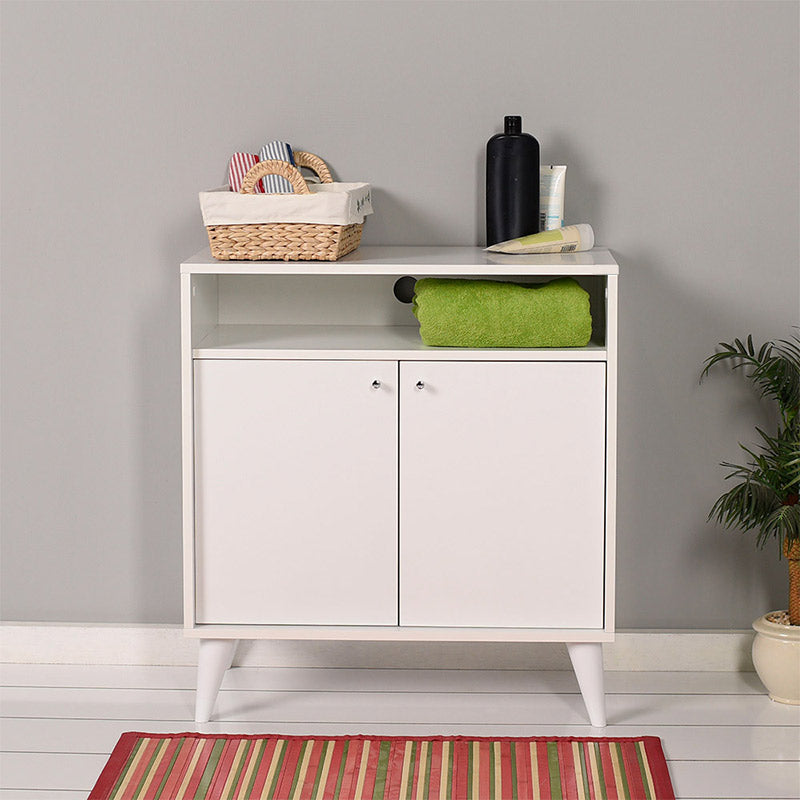 KRAMER White TV Stand with two shelves and cable compartment, dimensions 73x42x79cm, stylish and functional design.