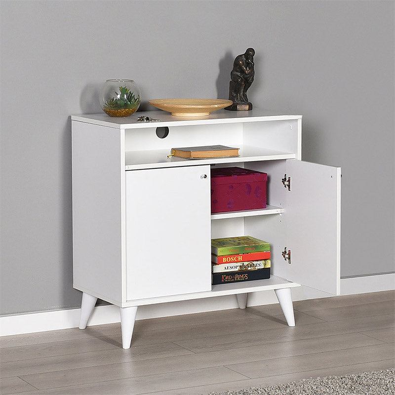 KRAMER White TV Stand with two shelves and cable compartment, dimensions 73x42x79cm, stylish and functional design.