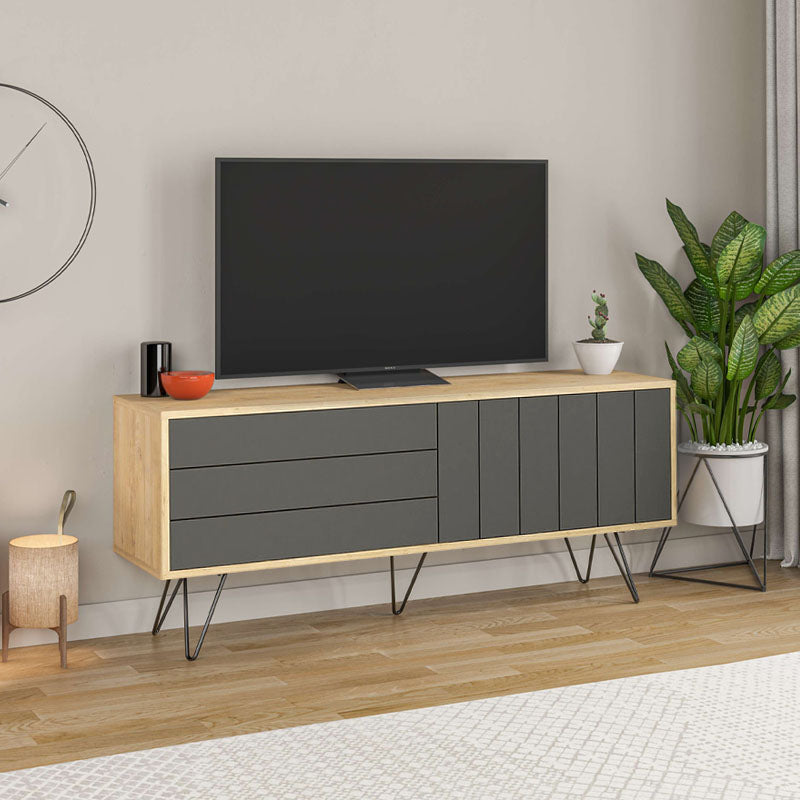 LANA TV Stand in natural beech and carbon black, featuring five metal legs and a sleek design.