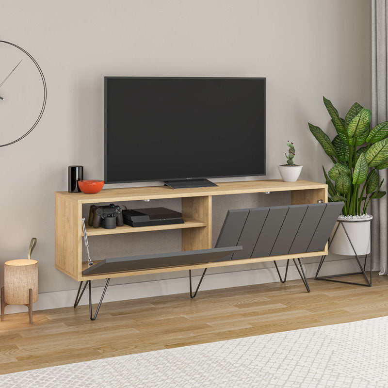 LANA TV Stand in natural beech and carbon black, featuring five metal legs and a sleek design.