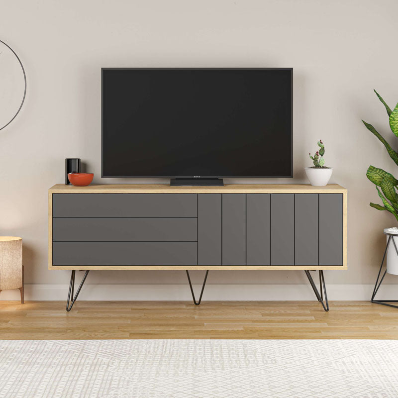 LANA TV Stand in natural beech and carbon black, featuring five metal legs and a sleek design.