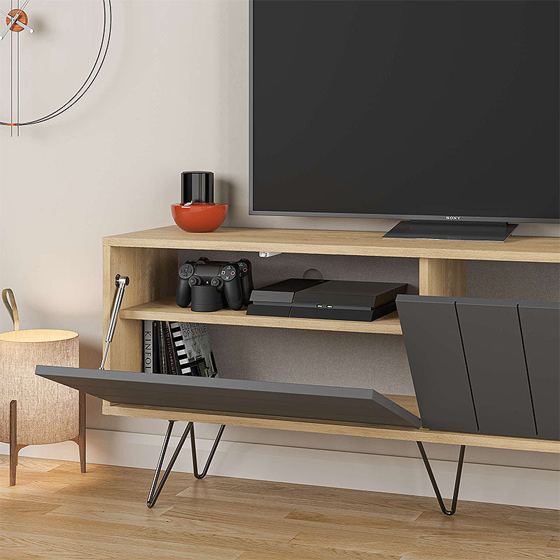 LANA TV Stand in natural beech and carbon black, featuring five metal legs and a sleek design.