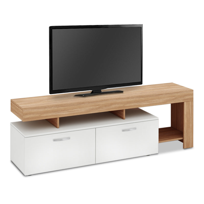 Stylish TV Stand LARA in honey oak and white, featuring two cabinets and four shelves, perfect for modern living spaces.