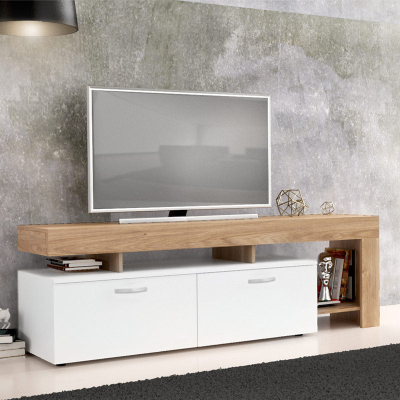 Stylish TV Stand LARA in honey oak and white, featuring two cabinets and four shelves, perfect for modern living spaces.