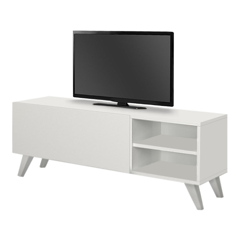 White melamine TV stand LENA with two shelves and cupboard, dimensions 120x35x42cm.