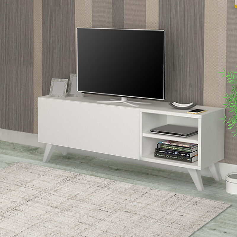 White melamine TV stand LENA with two shelves and cupboard, dimensions 120x35x42cm.