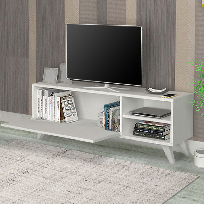 White melamine TV stand LENA with two shelves and cupboard, dimensions 120x35x42cm.