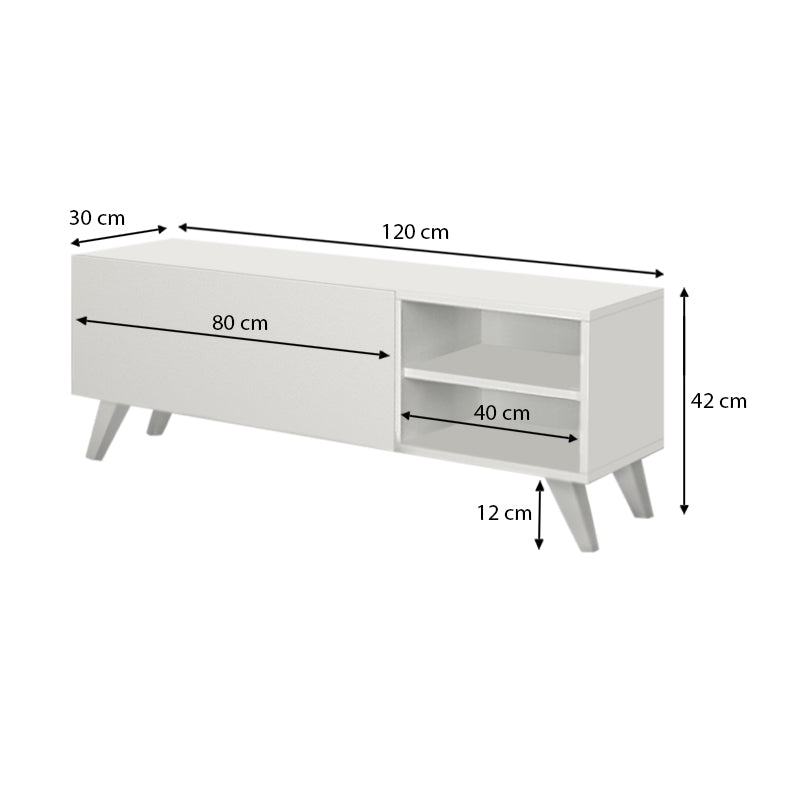 White melamine TV stand LENA with two shelves and cupboard, dimensions 120x35x42cm.