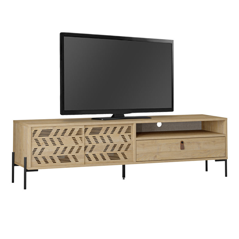 LUMIA Oak TV Stand measuring 170x45x48.6cm with five legs and laser-cut cabinet designs.