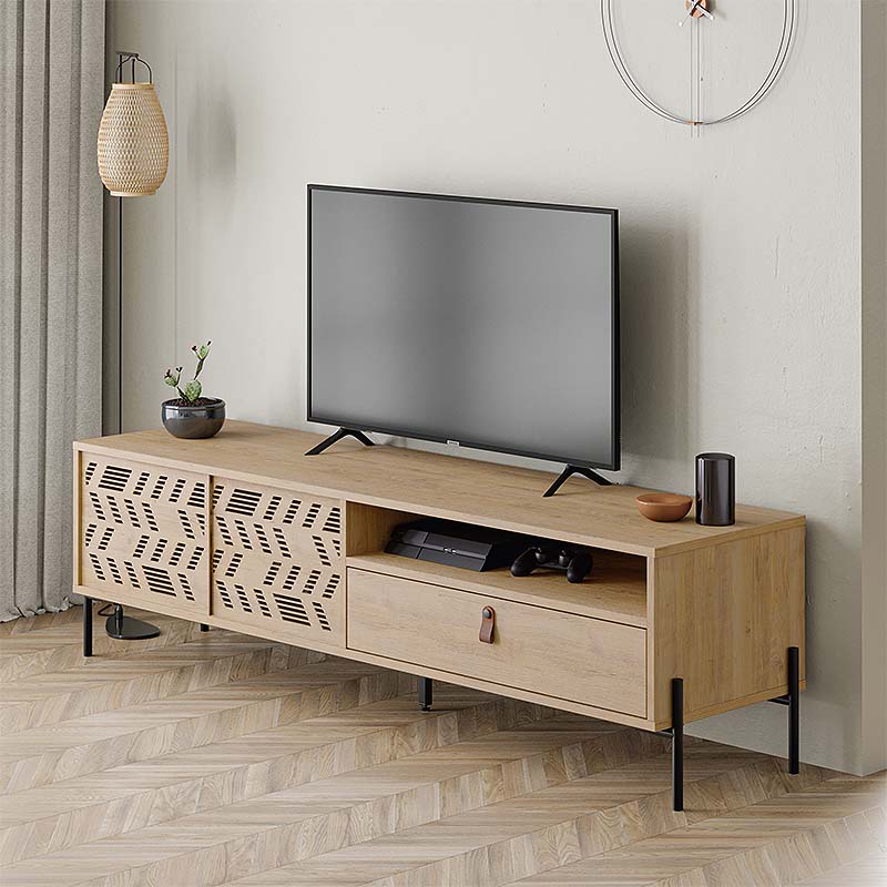 LUMIA Oak TV Stand measuring 170x45x48.6cm with five legs and laser-cut cabinet designs.