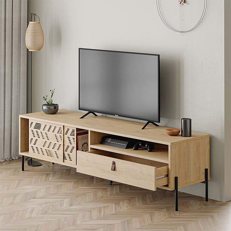 LUMIA Oak TV Stand measuring 170x45x48.6cm with five legs and laser-cut cabinet designs.