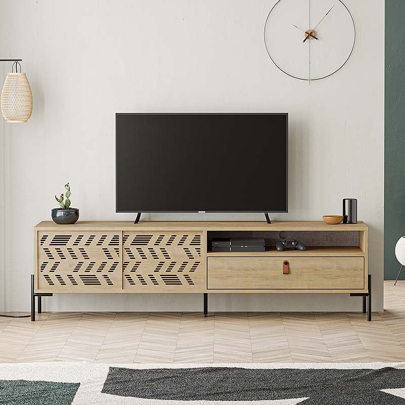 LUMIA Oak TV Stand measuring 170x45x48.6cm with five legs and laser-cut cabinet designs.