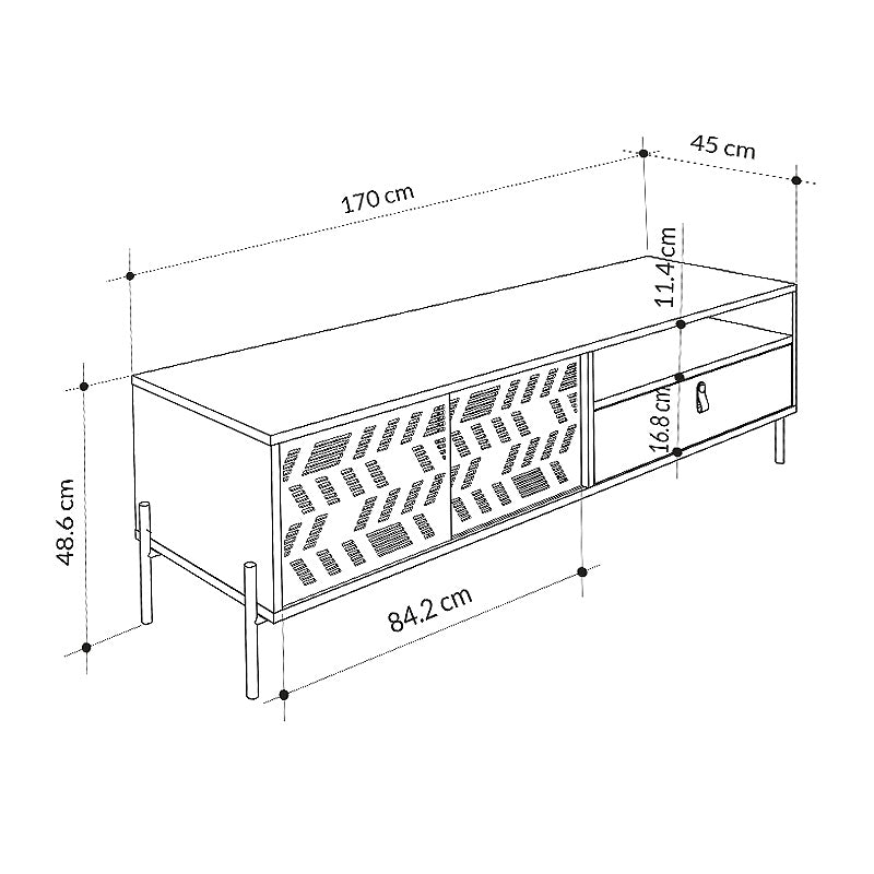 LUMIA Oak TV Stand measuring 170x45x48.6cm with five legs and laser-cut cabinet designs.