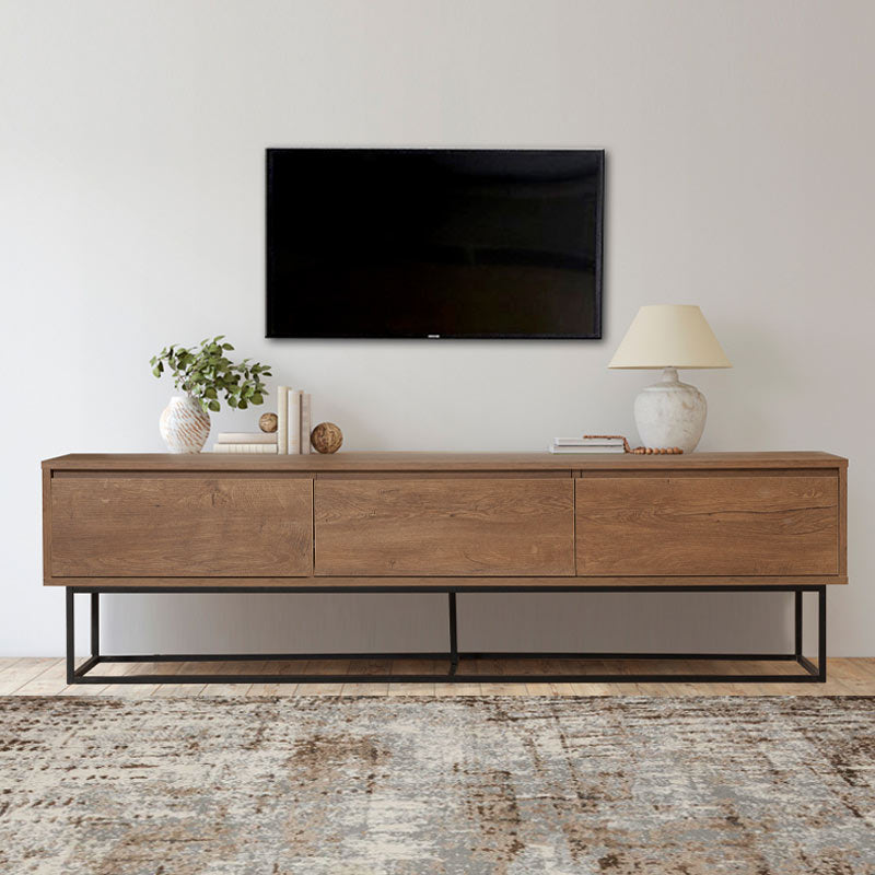 MARTINIQUE TV Stand in walnut color, featuring three drawers and sturdy metal legs, designed for modern living spaces.