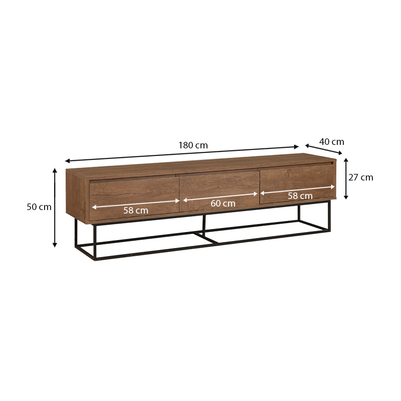 MARTINIQUE TV Stand in walnut color, featuring three drawers and sturdy metal legs, designed for modern living spaces.