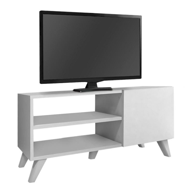 White TV Stand MIRA with two shelves and a cupboard, dimensions 100x35x46cm, featuring black polypropylene legs.