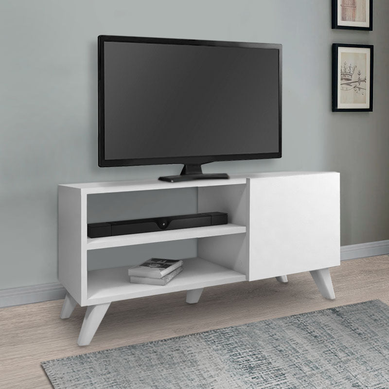 White TV Stand MIRA with two shelves and a cupboard, dimensions 100x35x46cm, featuring black polypropylene legs.