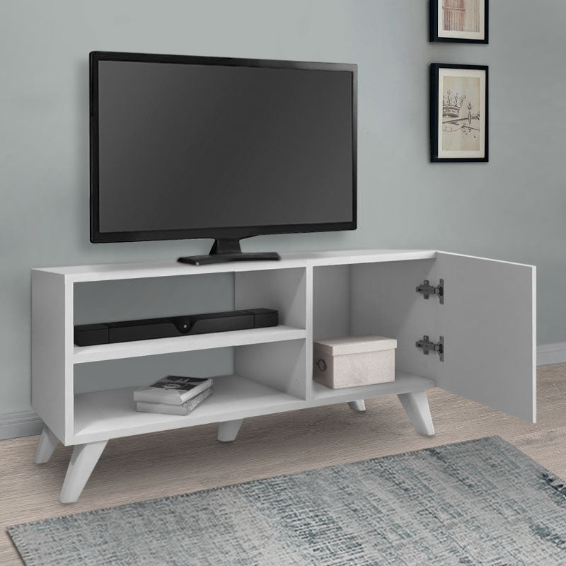 White TV Stand MIRA with two shelves and a cupboard, dimensions 100x35x46cm, featuring black polypropylene legs.