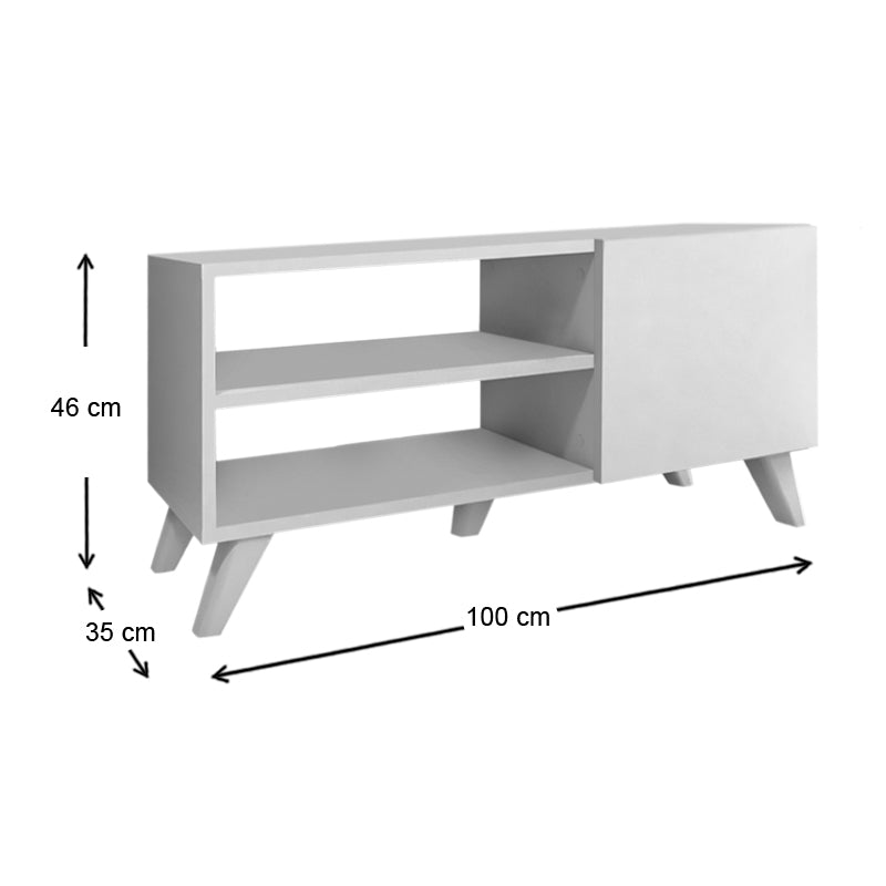 White TV Stand MIRA with two shelves and a cupboard, dimensions 100x35x46cm, featuring black polypropylene legs.