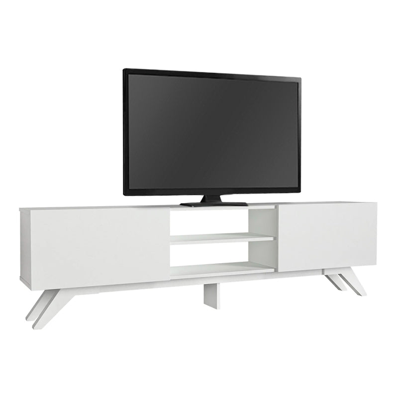 OBLIO White TV Stand measuring 180x31.3x58cm, featuring a sleek melamine finish and sturdy construction.