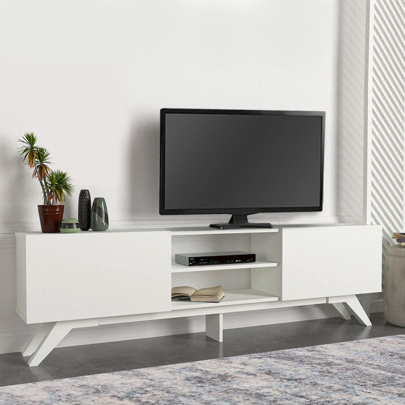 OBLIO White TV Stand measuring 180x31.3x58cm, featuring a sleek melamine finish and sturdy construction.