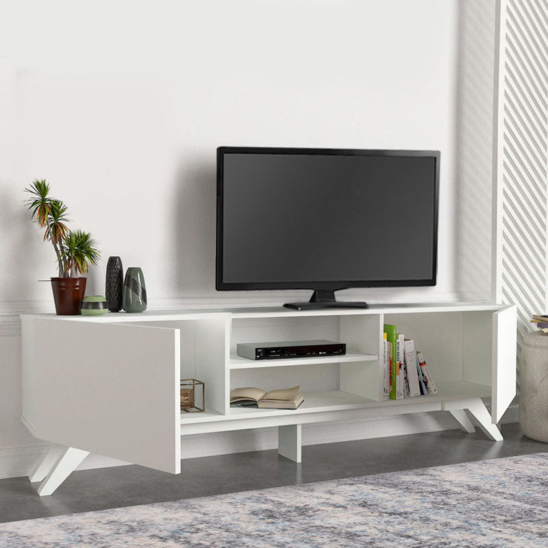 OBLIO White TV Stand measuring 180x31.3x58cm, featuring a sleek melamine finish and sturdy construction.