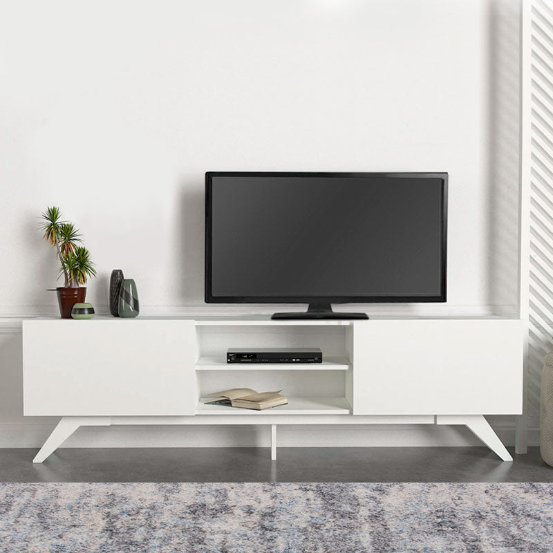 OBLIO White TV Stand measuring 180x31.3x58cm, featuring a sleek melamine finish and sturdy construction.