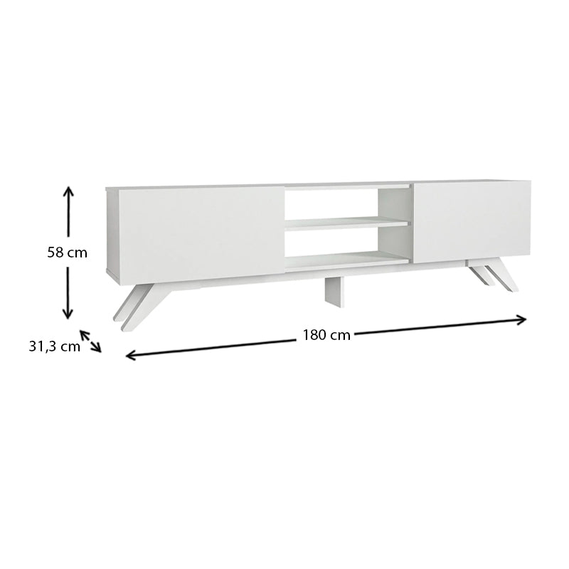 OBLIO White TV Stand measuring 180x31.3x58cm, featuring a sleek melamine finish and sturdy construction.