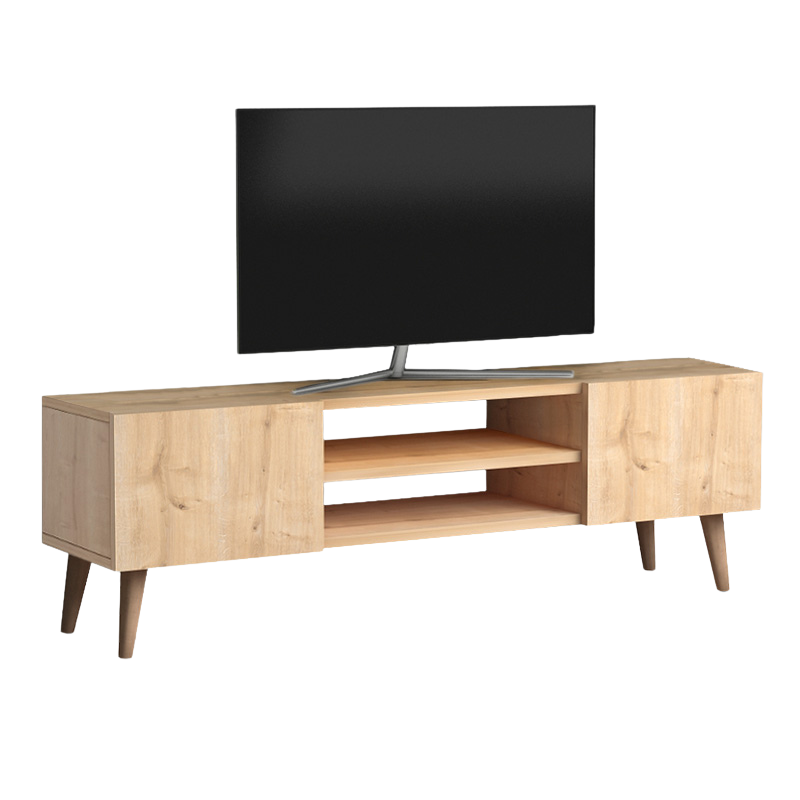 OLYMP Oak TV Stand with two cupboards and shelves, featuring solid beech wood legs.