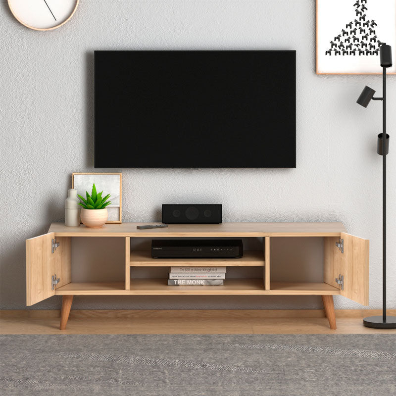 OLYMP Oak TV Stand with two cupboards and shelves, featuring solid beech wood legs.