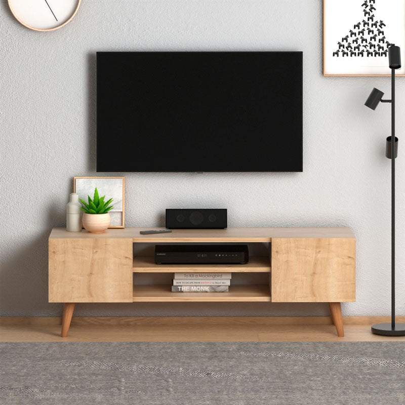 OLYMP Oak TV Stand with two cupboards and shelves, featuring solid beech wood legs.