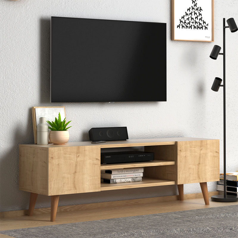 OLYMP Oak TV Stand with two cupboards and shelves, featuring solid beech wood legs.