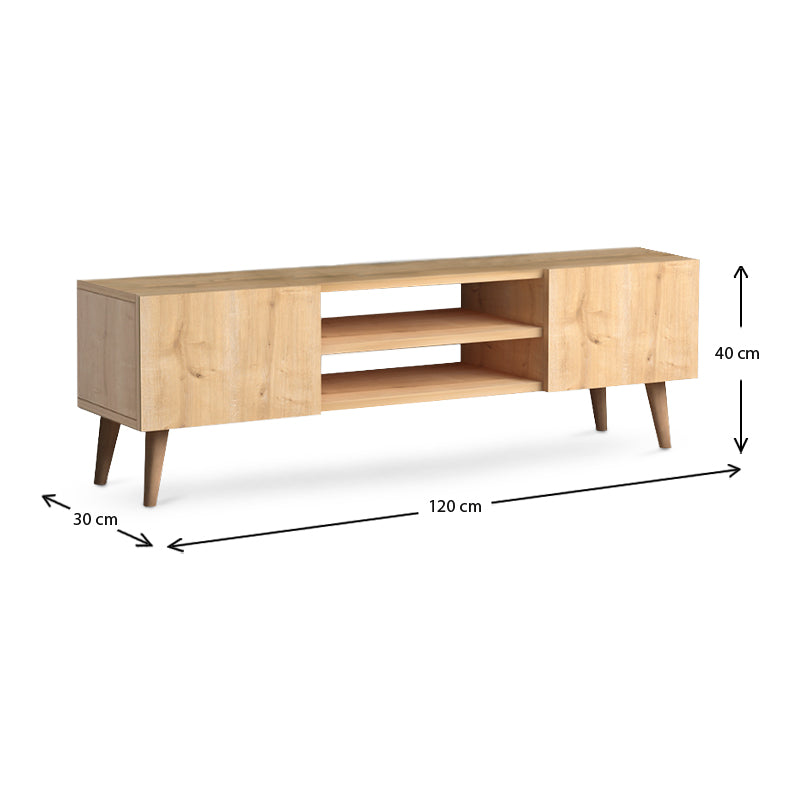 OLYMP Oak TV Stand with two cupboards and shelves, featuring solid beech wood legs.