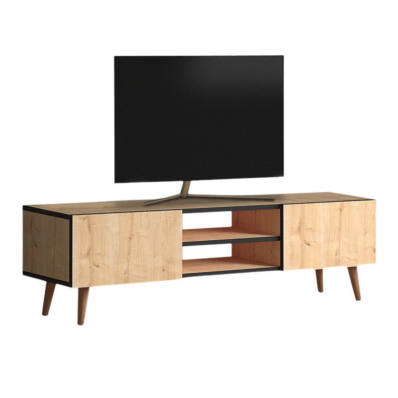 TV Stand SANDRA in oak finish with solid beech wood legs, featuring two cabinets and two shelves.