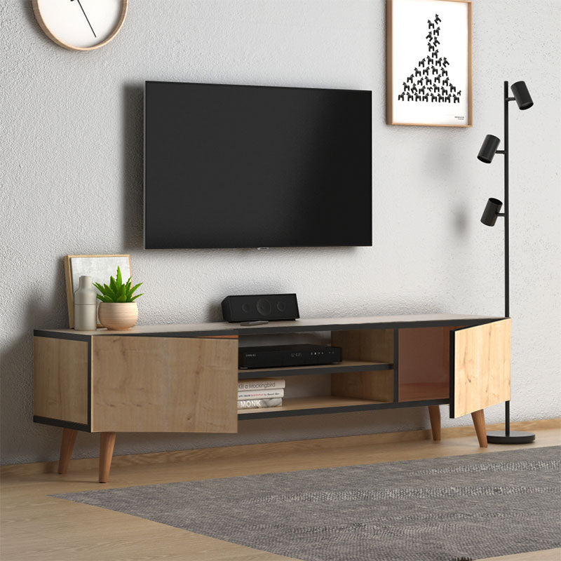 TV Stand SANDRA in oak finish with solid beech wood legs, featuring two cabinets and two shelves.