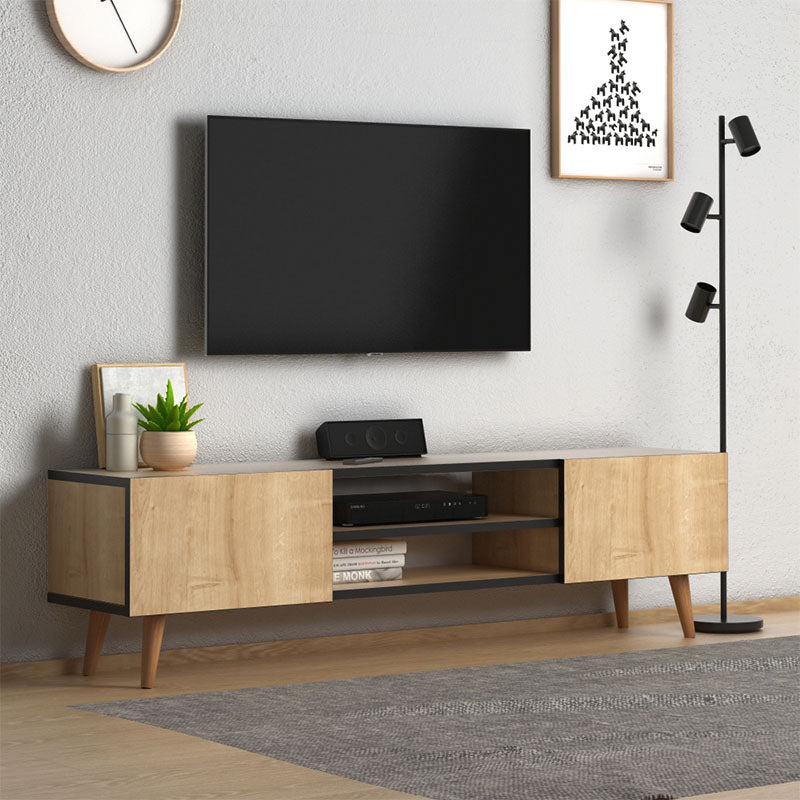 TV Stand SANDRA in oak finish with solid beech wood legs, featuring two cabinets and two shelves.