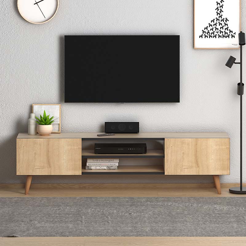 TV Stand SANDRA in oak finish with solid beech wood legs, featuring two cabinets and two shelves.