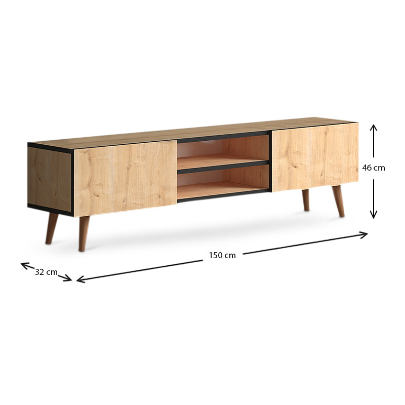 TV Stand SANDRA in oak finish with solid beech wood legs, featuring two cabinets and two shelves.