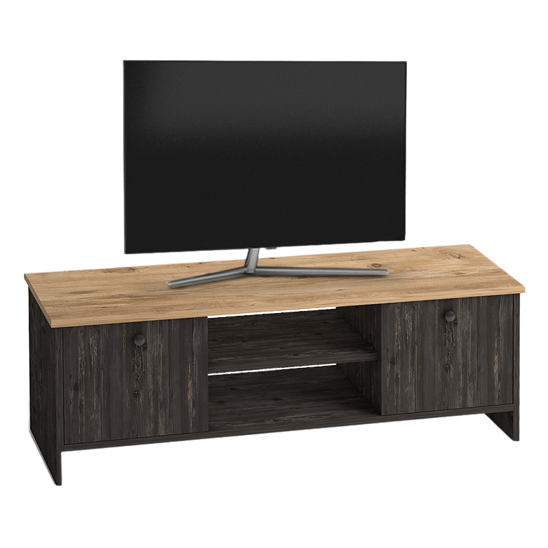 TV Stand SANDRA in grey melamine pine, featuring two cabinets and two shelves, dimensions 120x30x40 cm.