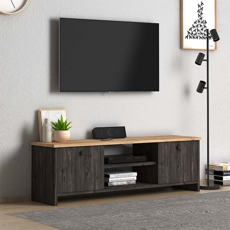 TV Stand SANDRA in grey melamine pine, featuring two cabinets and two shelves, dimensions 120x30x40 cm.