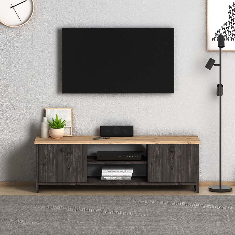 TV Stand SANDRA in grey melamine pine, featuring two cabinets and two shelves, dimensions 120x30x40 cm.