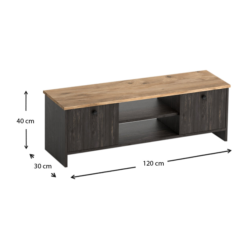 TV Stand SANDRA in grey melamine pine, featuring two cabinets and two shelves, dimensions 120x30x40 cm.