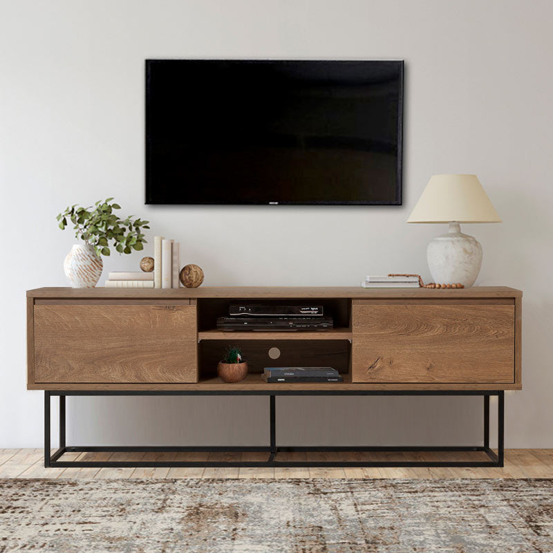 TV Stand SASCHA in walnut color, featuring two drawers and metal legs, dimensions 140x40x50cm.