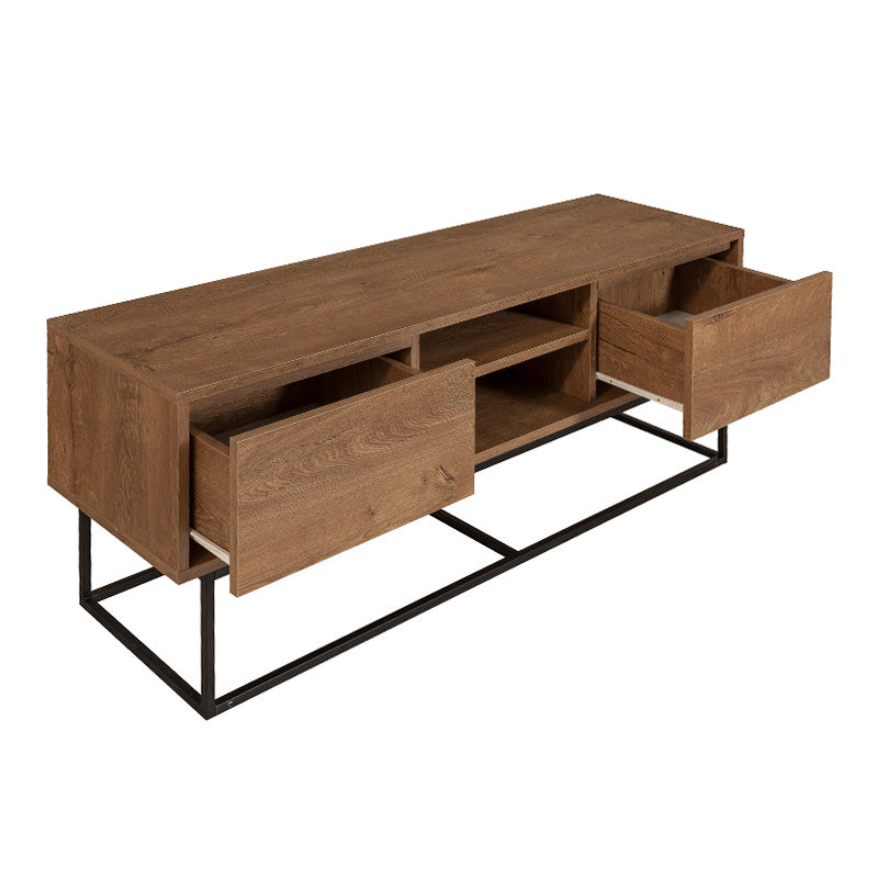 TV Stand SASCHA in walnut color, featuring two drawers and metal legs, dimensions 140x40x50cm.