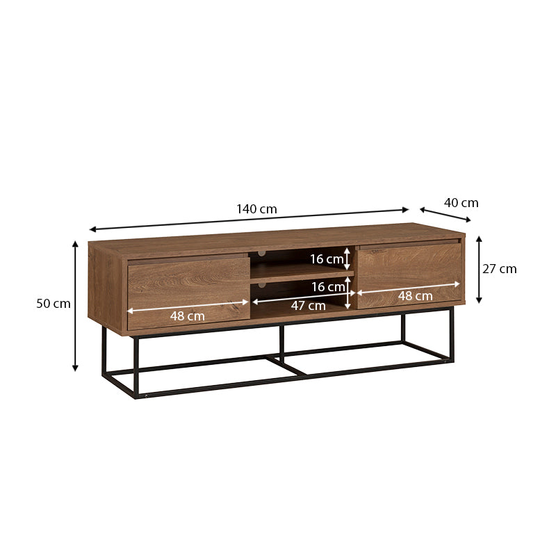 TV Stand SASCHA in walnut color, featuring two drawers and metal legs, dimensions 140x40x50cm.