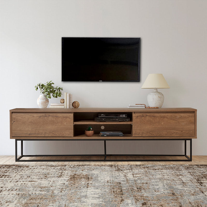 TV Stand SASCHA in walnut color, featuring a modern design with sturdy metal legs and melamine surface.