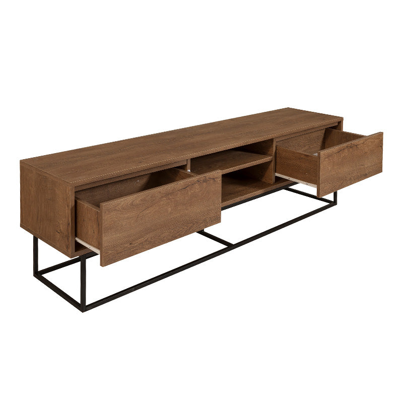 TV Stand SASCHA in walnut color, featuring a modern design with sturdy metal legs and melamine surface.