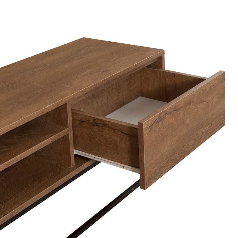 TV Stand SASCHA in walnut color, featuring a modern design with sturdy metal legs and melamine surface.